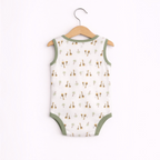 victor and jane baby boys sleeveless bodysuit featuring a white fabric with a giraffe and palm tree print