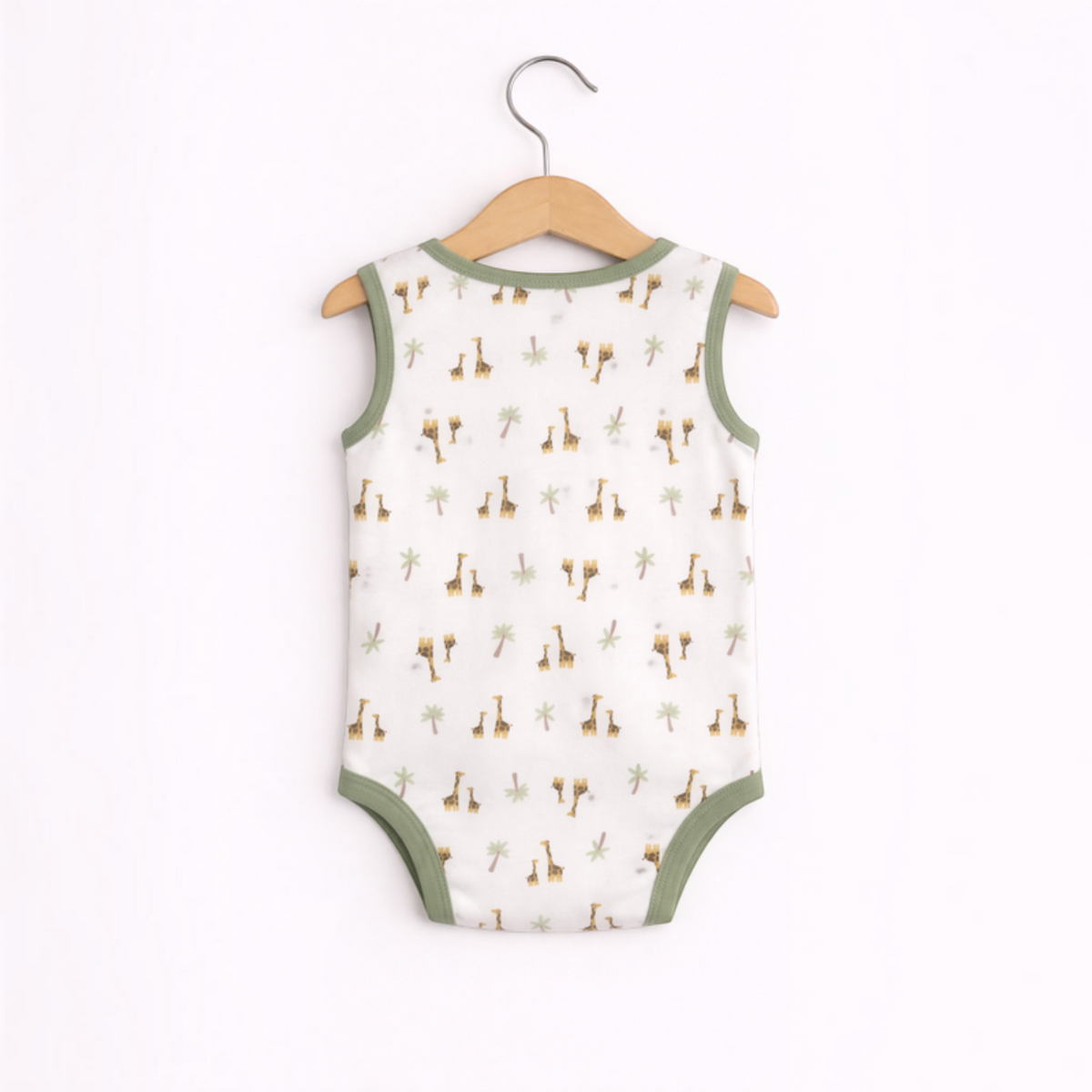 victor and jane baby boys sleeveless bodysuit featuring a white fabric with a giraffe and palm tree print