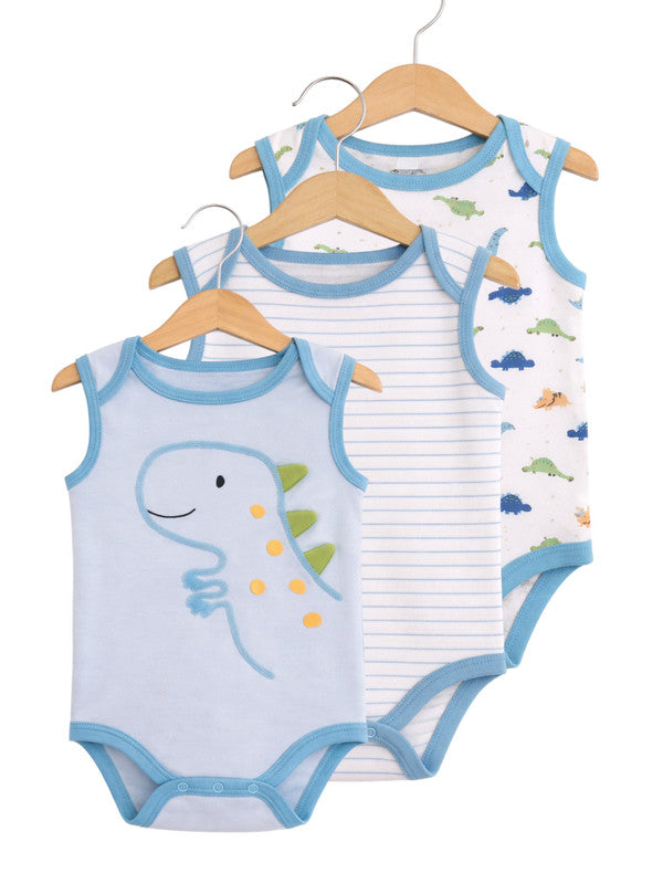 Baby Boys Sleeveless Interactive Dino Print Bodysuits “ Pack Of 3