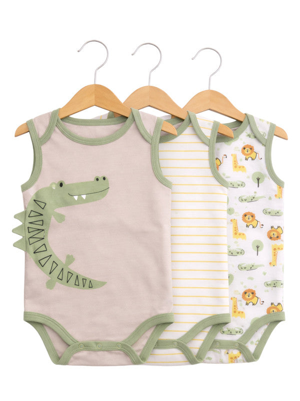 Baby Boys Sleeveless Interactive Crocodile Print Bodysuits “ Pack Of 3