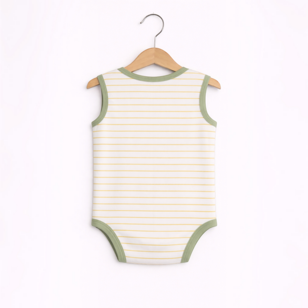 victor and jane baby boys sleeveless bodysuit featuring yellow horizontal stripes and sage green trim on a hanger