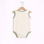 victor and jane baby boys sleeveless bodysuit featuring yellow horizontal stripes and sage green trim on a hanger