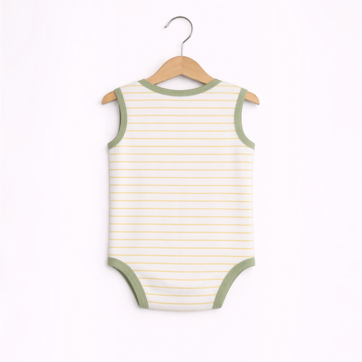 victor and jane baby boys sleeveless bodysuit featuring yellow horizontal stripes and sage green trim on a hanger
