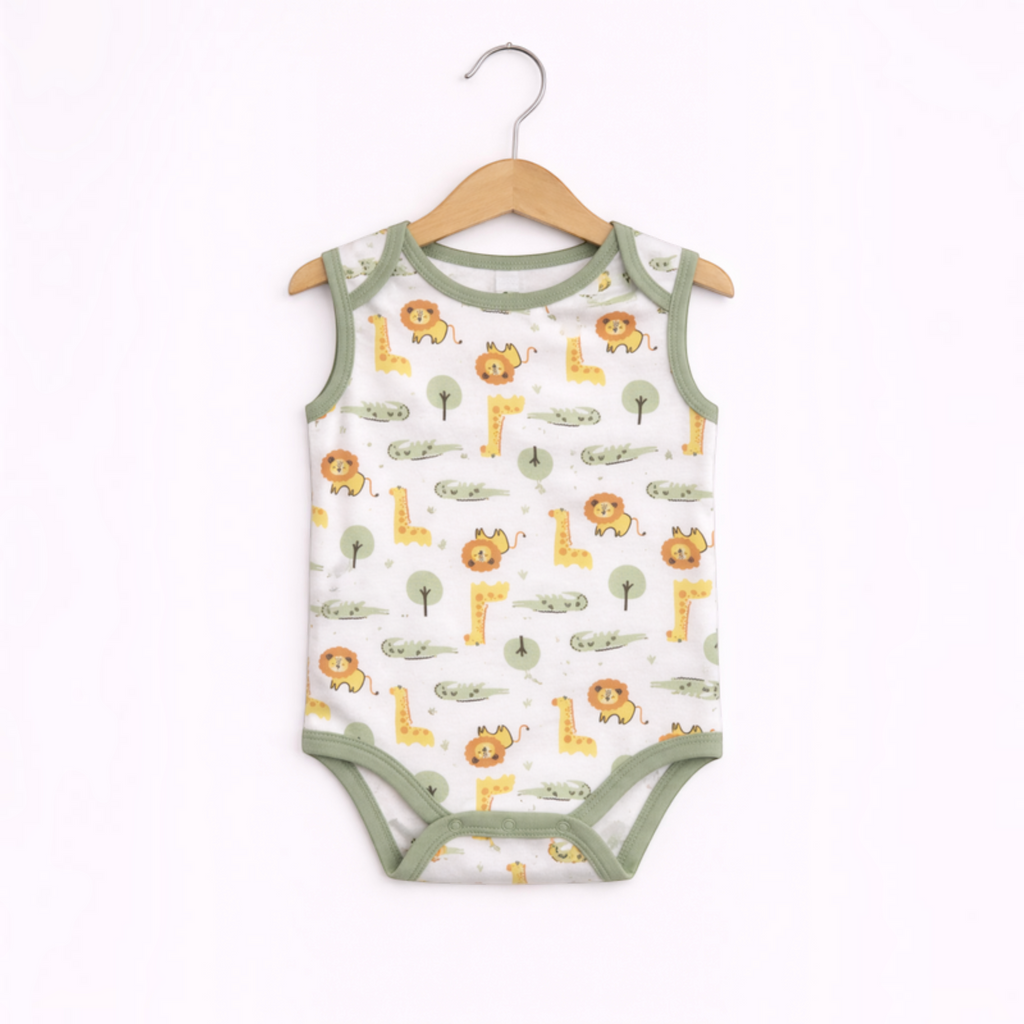 victor and jane sleeveless baby bodysuit with a white background and a cute safari animal print in soft green tones