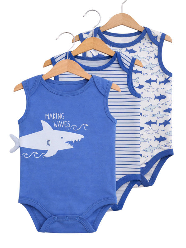 Baby Boys Interactive Sleeveless Shark Print Bodysuits “ Pack Of 3