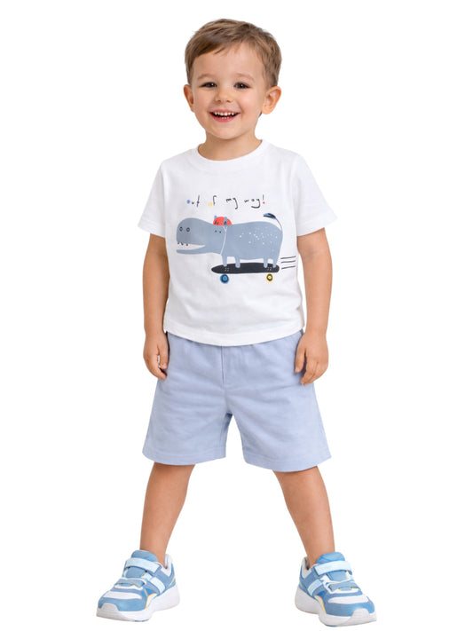 Boys' 2pcs Cute Hippo Print Round Neck T-Shirt and Shorts Set