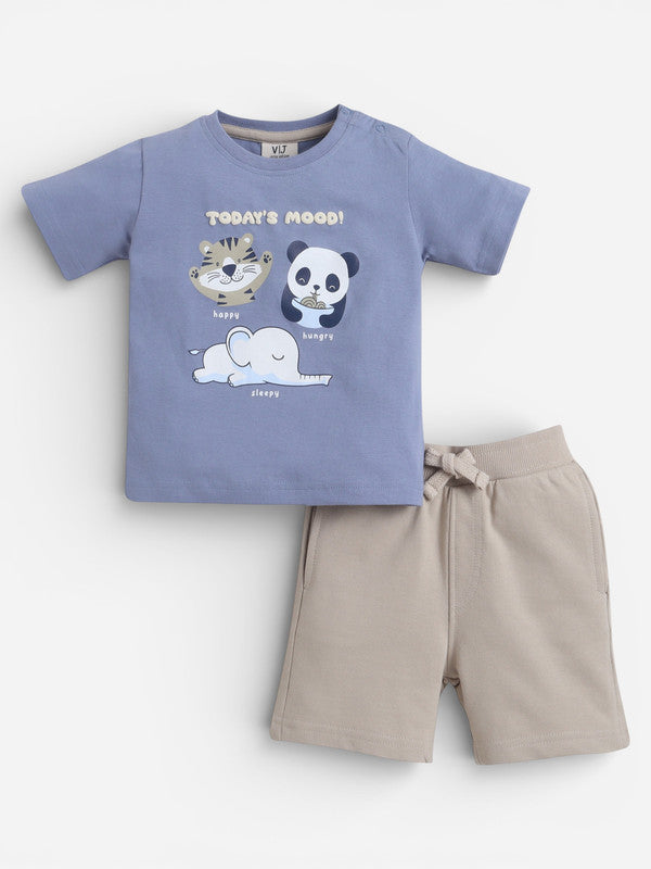 Boys' 2Pcs Cute Animal Print Round Neck T-Shirt And Shorts Set