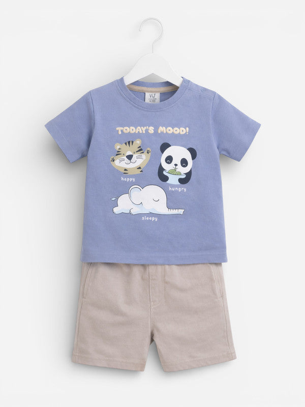 Boys' 2Pcs Cute Animal Print Round Neck T-Shirt And Shorts Set