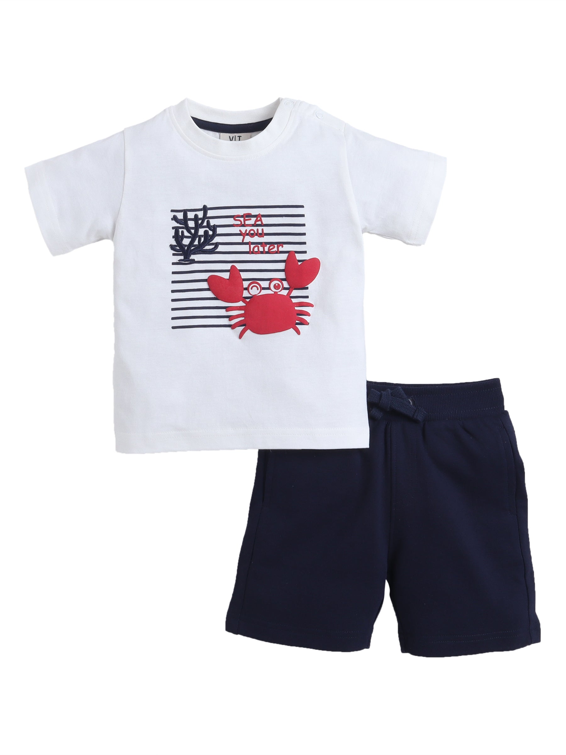 Boys' 2Pcs Cute Crab Print Round Neck T-Shirt And Shorts Set