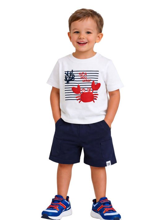 Boys' 2pcs Cute Crab Print Round Neck T-Shirt and Shorts Set