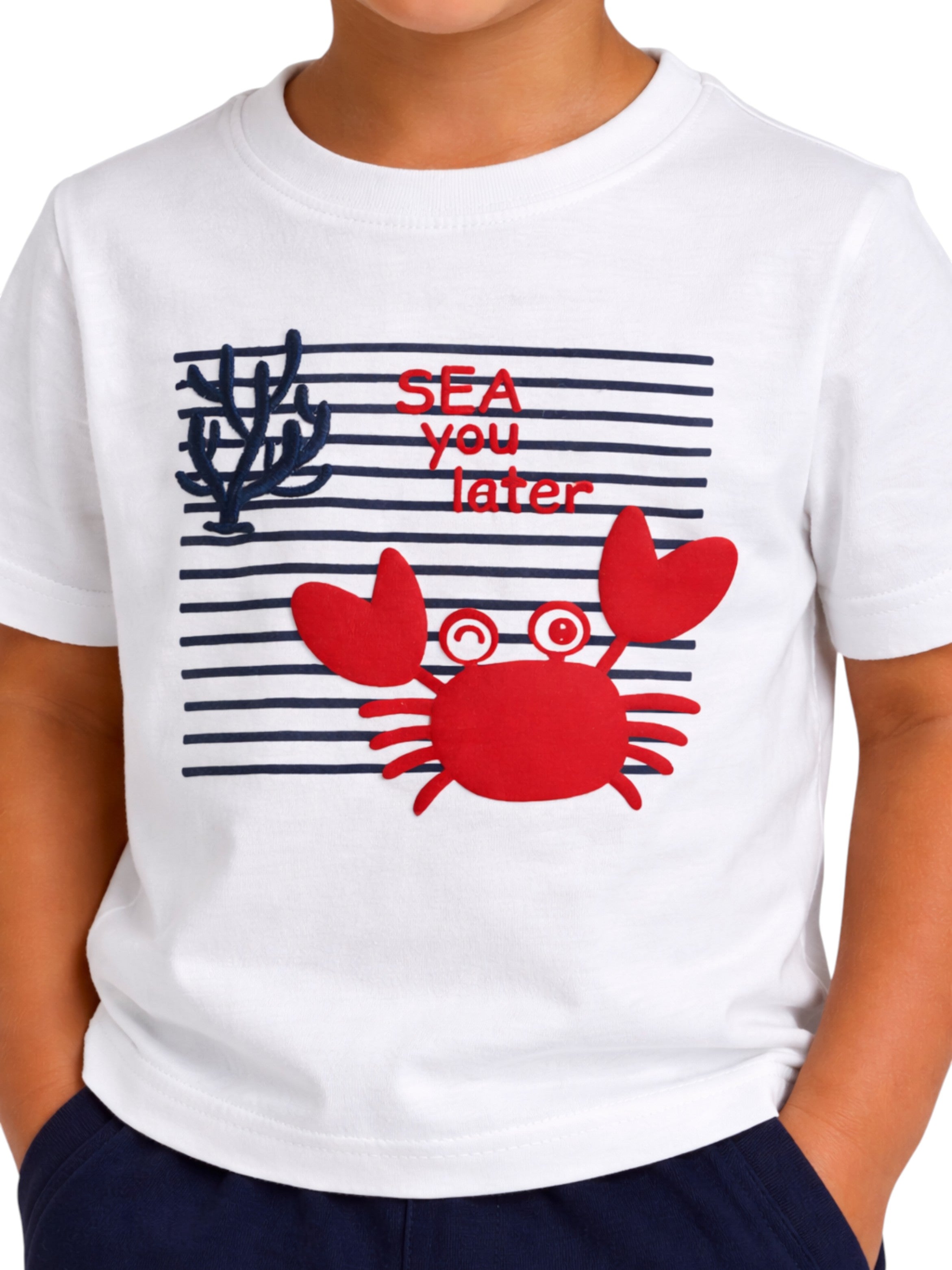 Boys' 2Pcs Cute Crab Print Round Neck T-Shirt And Shorts Set