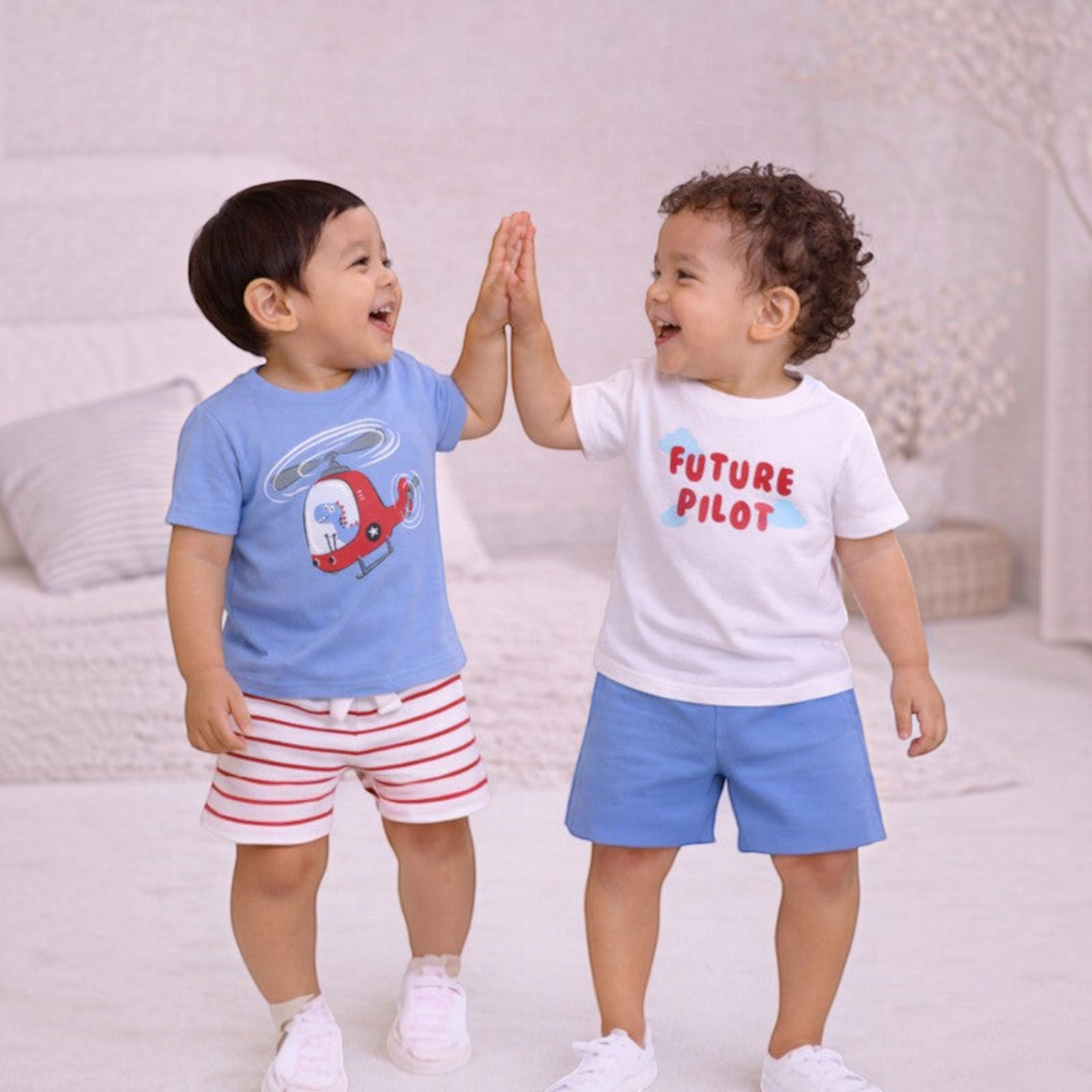 Two boys wearing victor and jane cartoon t-shirt sets with helicopter and future pilot prints and striped shorts