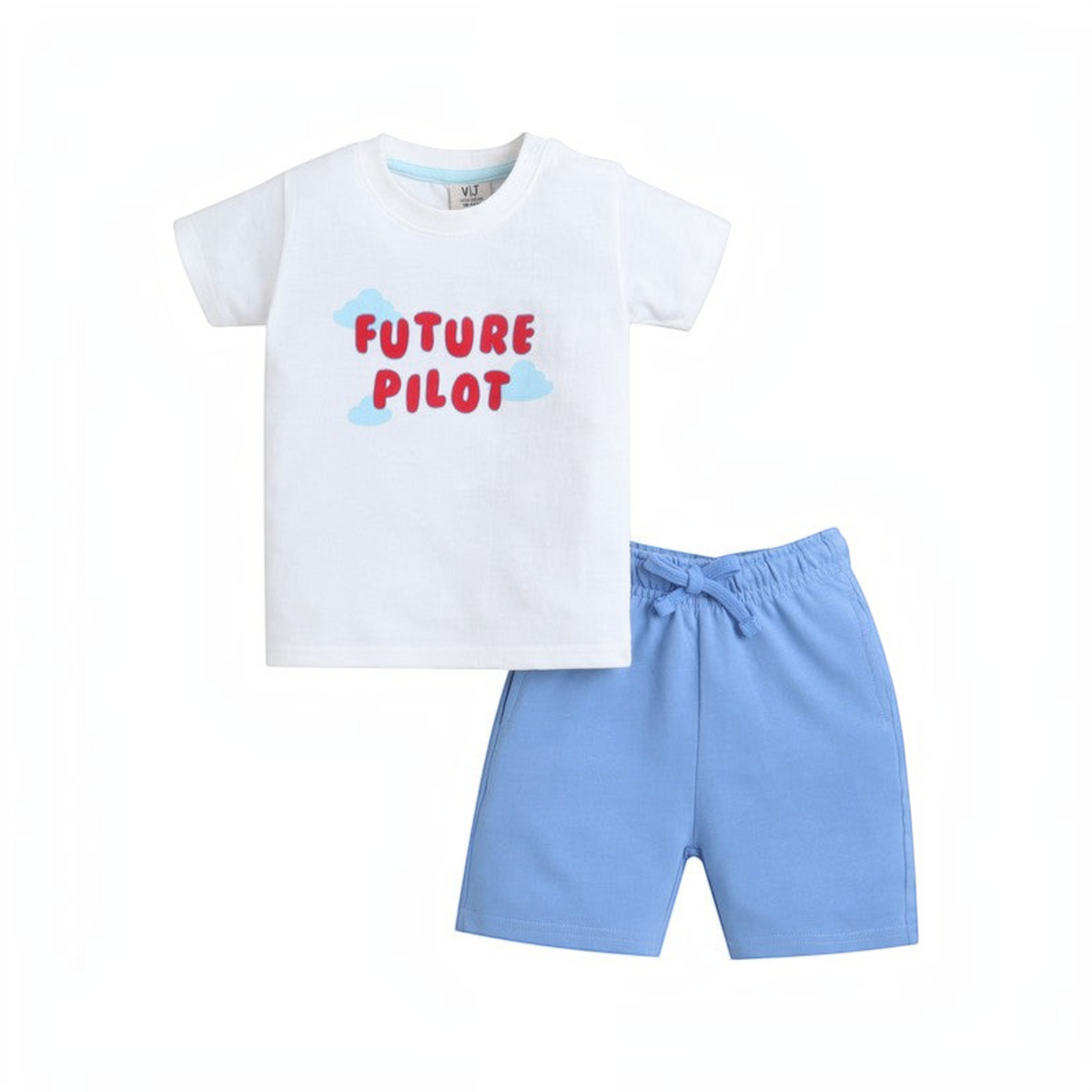 victor and jane boys white cotton t-shirt with Future Pilot cartoon print and matching blue elastic waist shorts