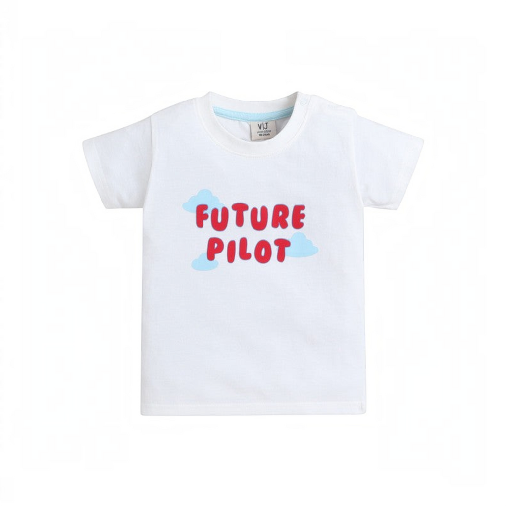 victor and jane white cotton boys t-shirt featuring red Future Pilot text and blue cartoon clouds