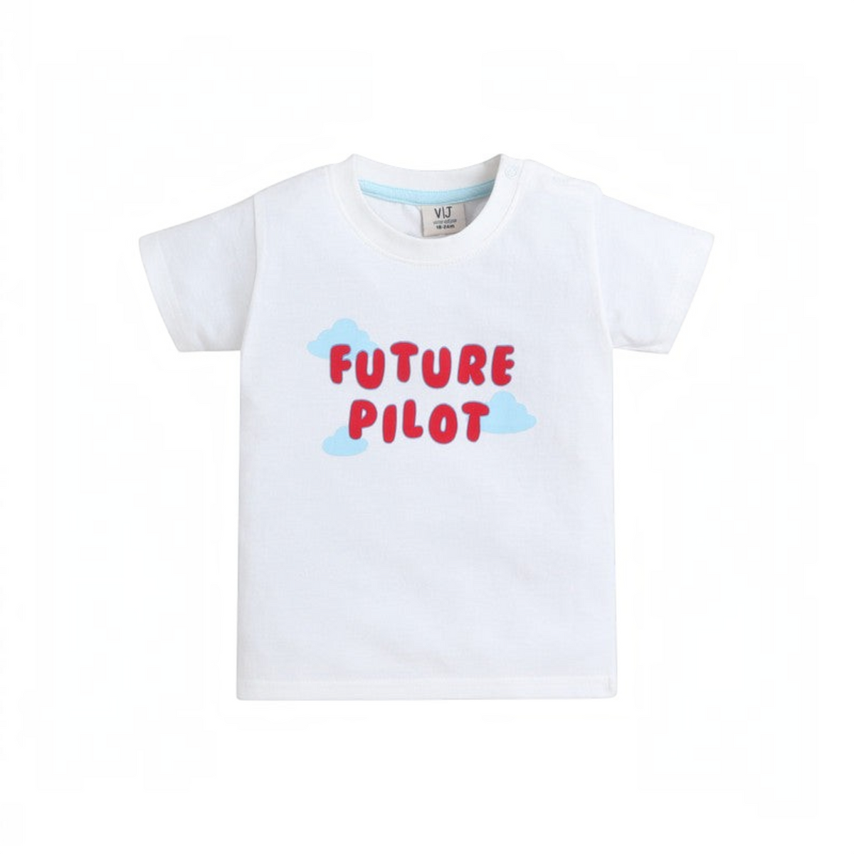 victor and jane white cotton boys t-shirt featuring red Future Pilot text and blue cartoon clouds