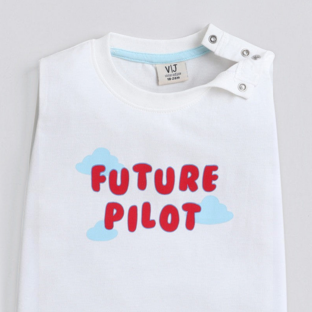 victor and jane white cotton boys t-shirt featuring a red Future Pilot cartoon print and shoulder snap buttons