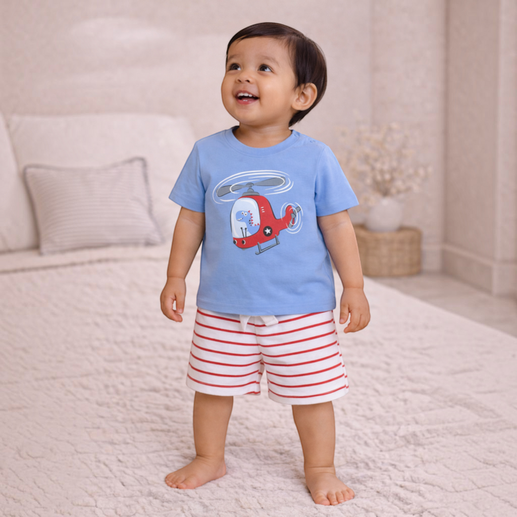 victor and jane boys blue t-shirt featuring a red helicopter cartoon print paired with red and white striped shorts