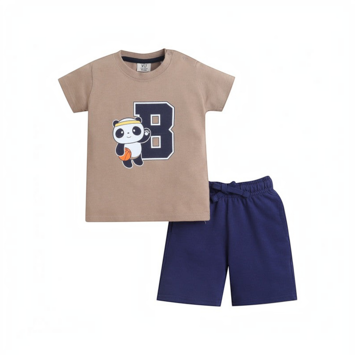 victor and jane boys t-shirt and shorts set featuring a cute panda basketball print on a beige cotton tee