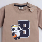 victor and jane boys beige cotton t-shirt featuring a cute panda basketball player graphic and letter B print
