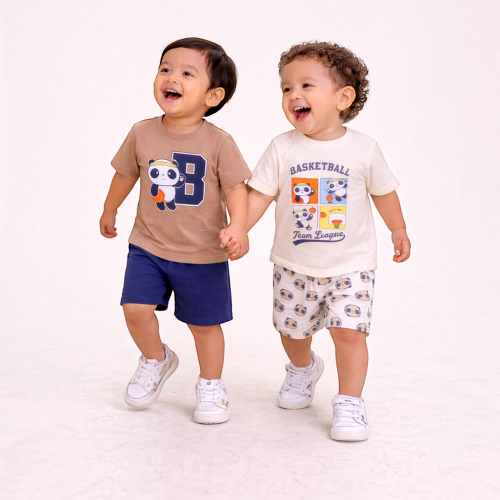 Two toddler boys laughing while wearing victor and jane cotton t-shirt and shorts sets with basketball panda prints
