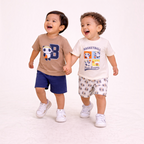 Two toddler boys laughing while wearing victor and jane cotton t-shirt and shorts sets with basketball panda prints