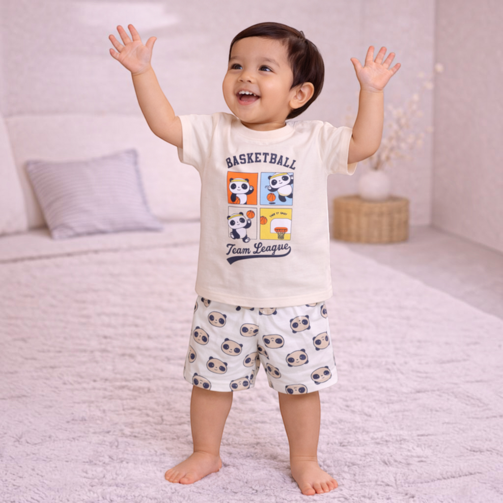 victor and jane boys cream cotton t-shirt and shorts set with basketball panda print standing on a soft rug
