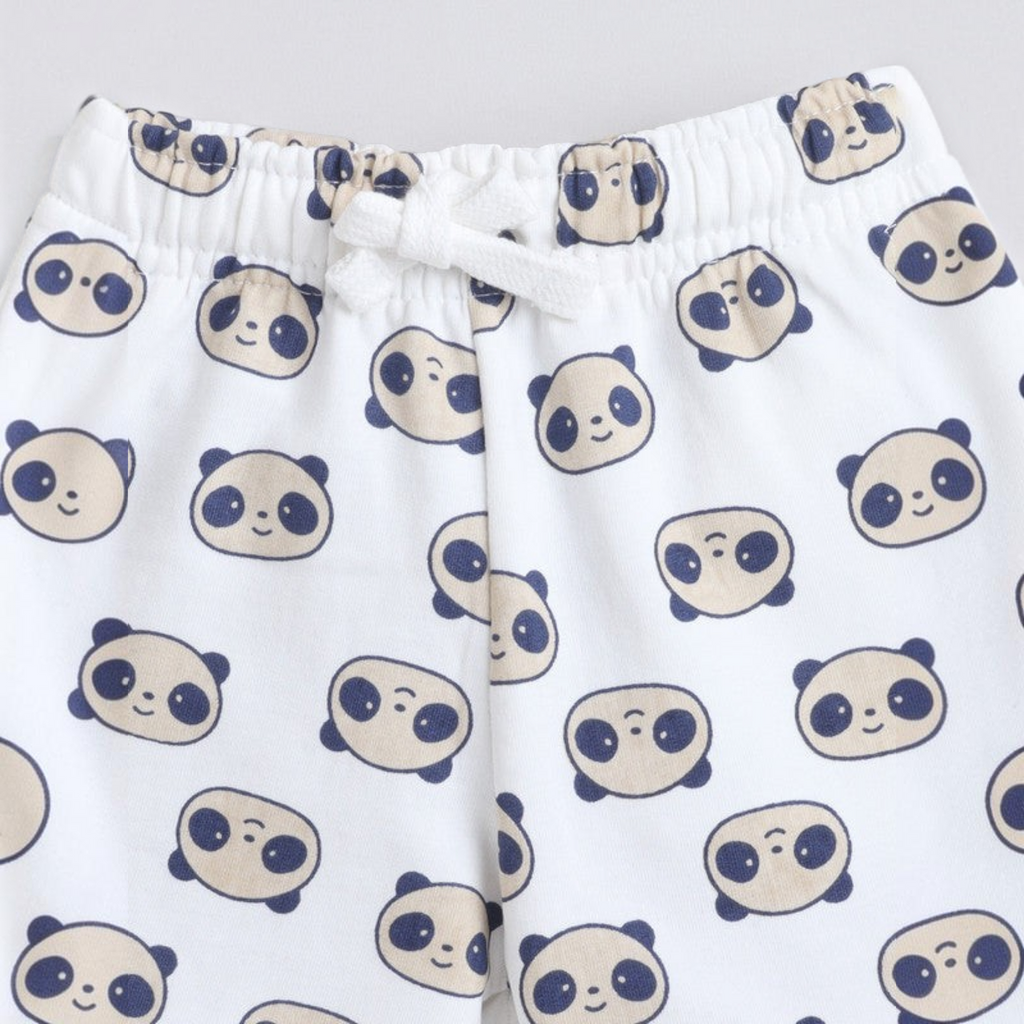 victor and jane white cotton shorts with a cute panda face print and an adjustable drawstring elastic waistband