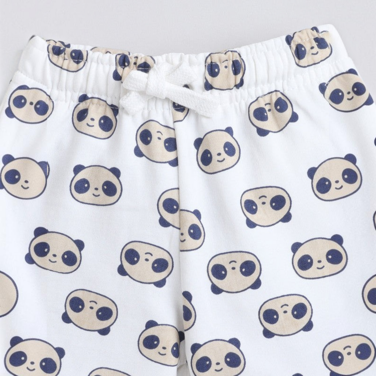 victor and jane white cotton shorts with a cute panda face print and an adjustable drawstring elastic waistband