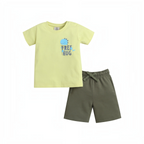 victor and jane boys two-piece set with a light green dinosaur graphic t-shirt and olive green cotton shorts