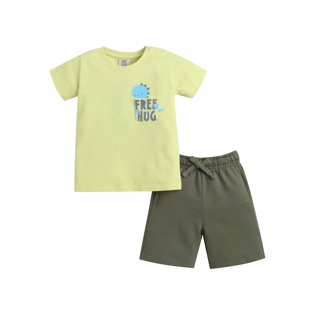 victor and jane boys two-piece set with a light green dinosaur graphic t-shirt and olive green cotton shorts