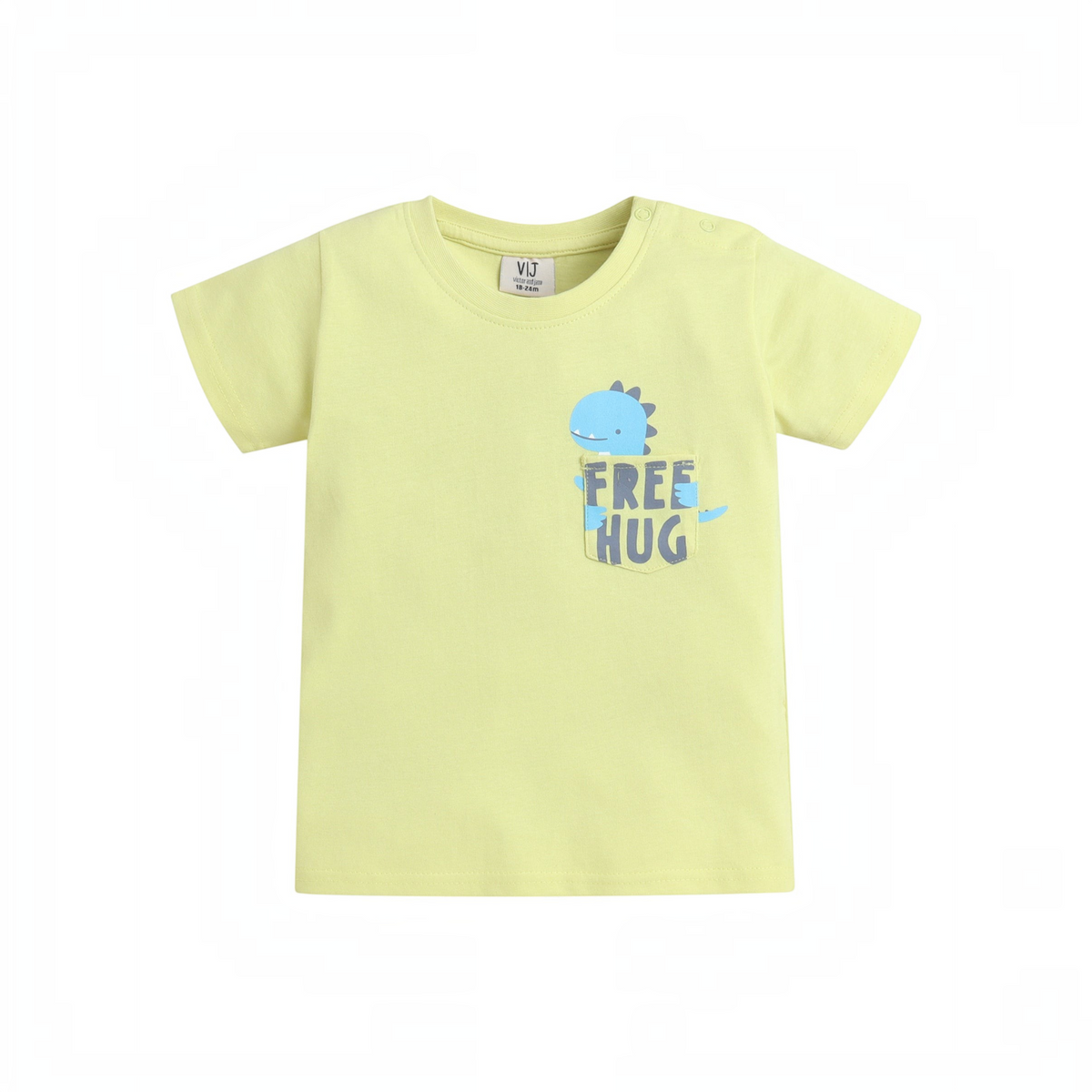 victor and jane boys light yellow short sleeve t-shirt with a blue dinosaur graphic and Free Hug pocket print