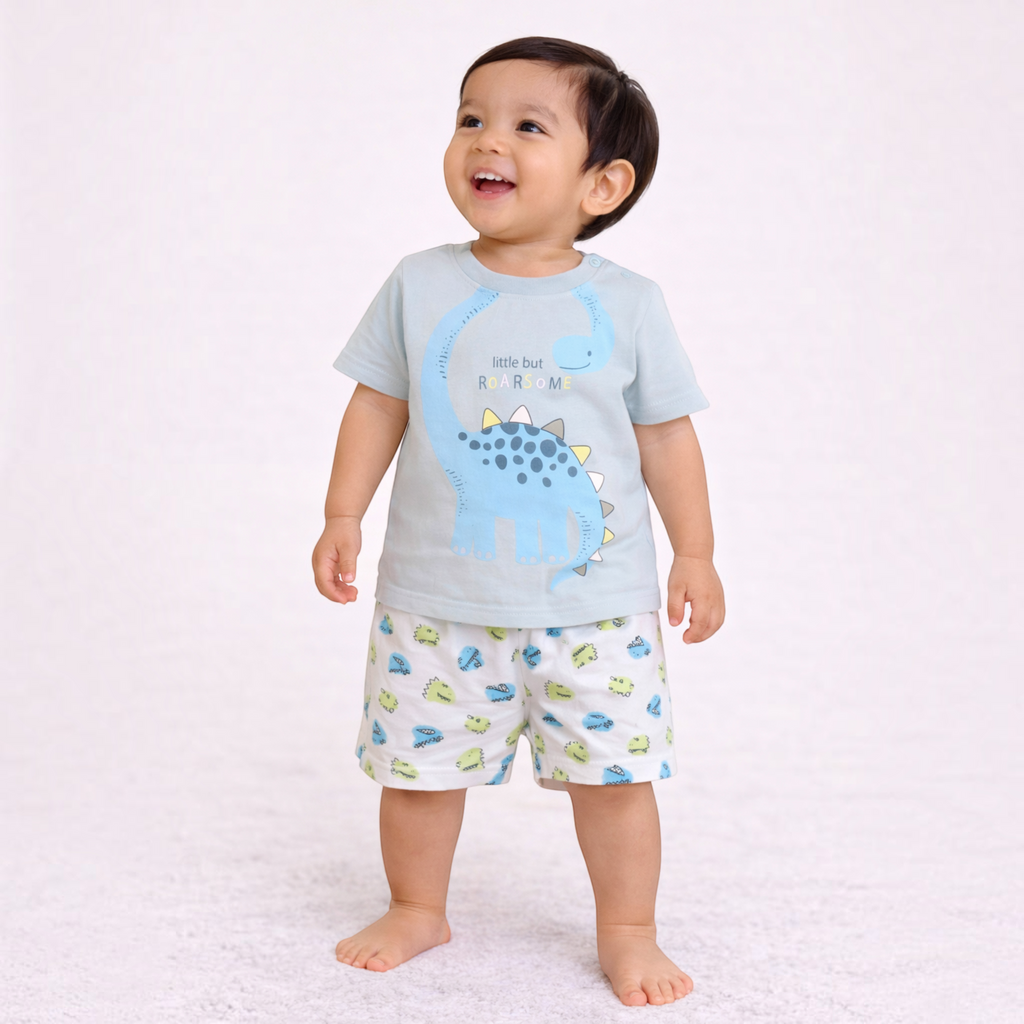 victor and jane toddler boy wearing a light blue dinosaur graphic t-shirt and matching patterned shorts