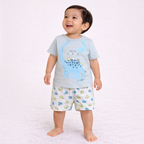 victor and jane toddler boy wearing a light blue dinosaur graphic t-shirt and matching patterned shorts