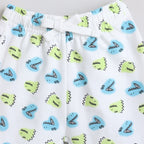 victor and jane boys white shorts with blue and lime green dinosaur print and an elastic drawstring waistband
