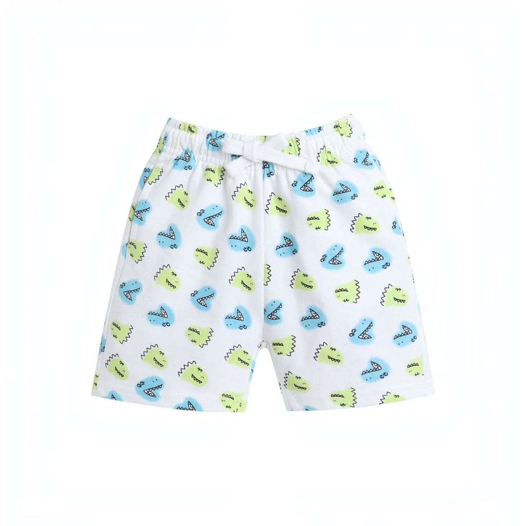 victor and jane boys white cotton shorts featuring a playful blue and green dinosaur print with an elastic waistband