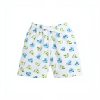 victor and jane boys white cotton shorts featuring a playful blue and green dinosaur print with an elastic waistband