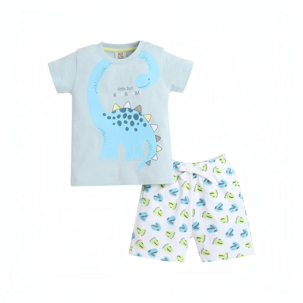 victor and jane boys graphic t-shirt and shorts set featuring a light blue dinosaur print and matching patterned shorts