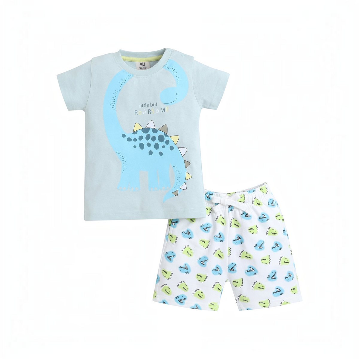 victor and jane boys graphic t-shirt and shorts set featuring a light blue dinosaur print and matching patterned shorts