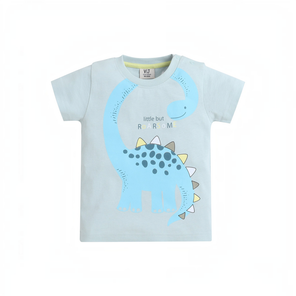 victor and jane light blue boys t-shirt featuring a cute dinosaur graphic and little but roarsome text