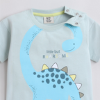 victor and jane boys light blue cotton t-shirt featuring a cute blue dinosaur graphic and shoulder snap buttons