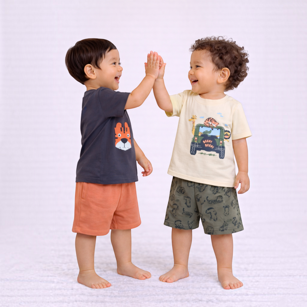 Two toddlers from victor and jane wearing graphic t-shirt and shorts sets, giving each other a high five.