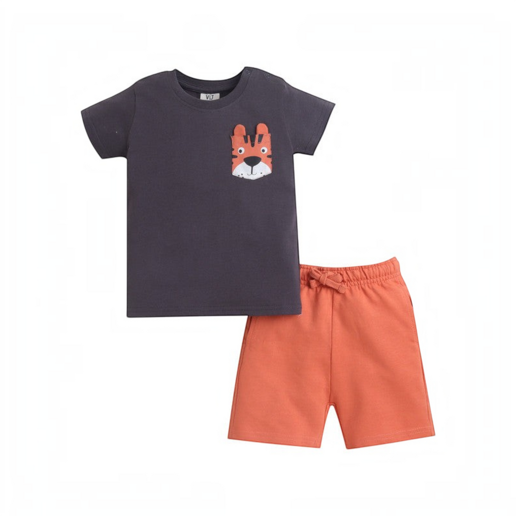 victor and jane baby boys 4pc shirt set featuring a charcoal grey t-shirt with a tiger pocket and orange shorts