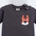 victor and jane charcoal grey baby boy t-shirt with a cute tiger face pocket detail and shoulder snap buttons