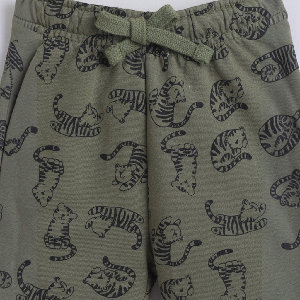 victor and jane baby boys olive green joggers featuring a black tiger print pattern and an elastic drawstring waist