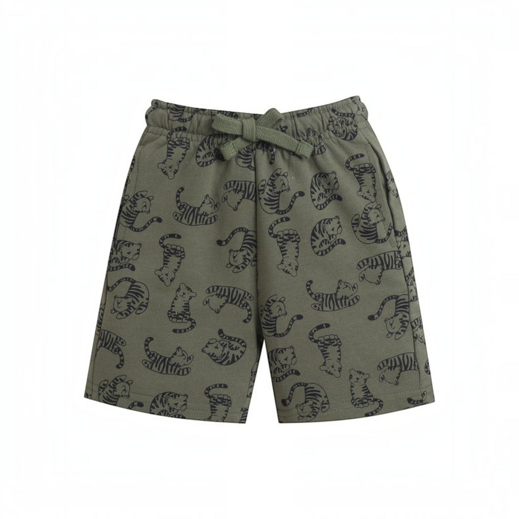 victor and jane baby boys olive green shorts with black tiger print pattern and elastic drawstring waist