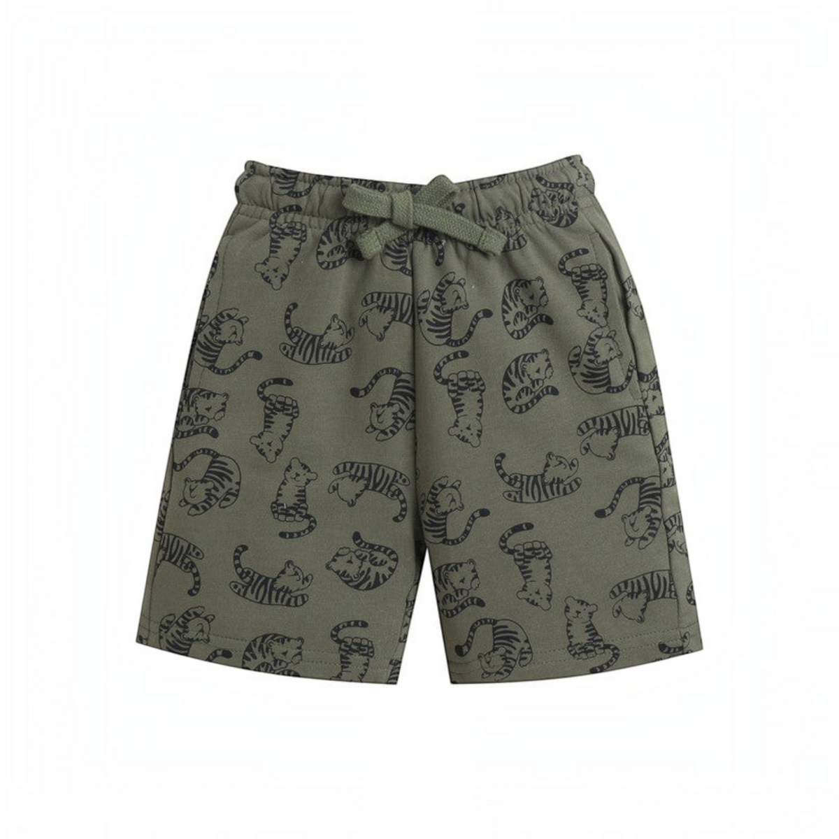 victor and jane baby boys olive green shorts with black tiger print pattern and elastic drawstring waist