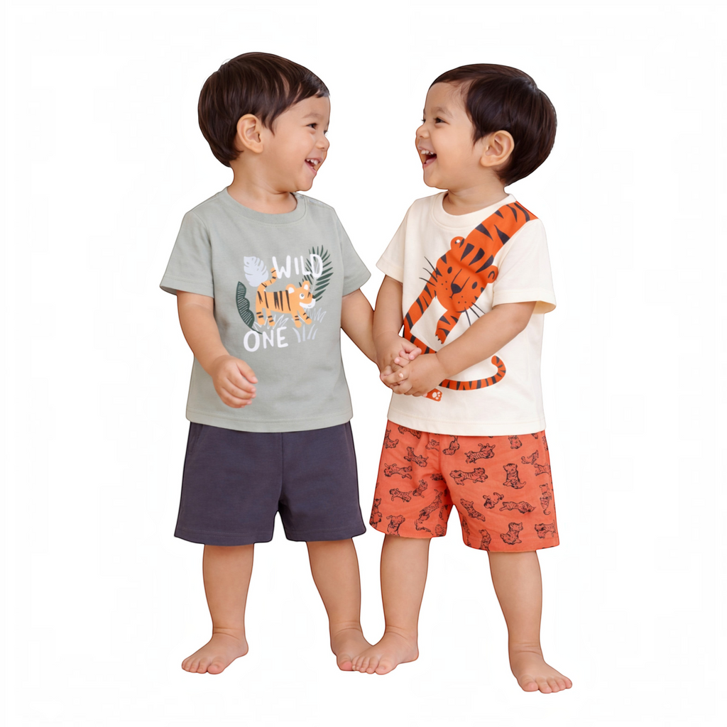 Two toddler boys laughing while wearing victor and jane 4-piece cotton shirt and shorts sets with tiger prints