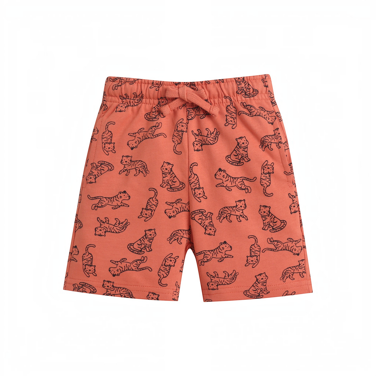 victor and jane baby boys coral shorts with black tiger print pattern and elastic drawstring waistband