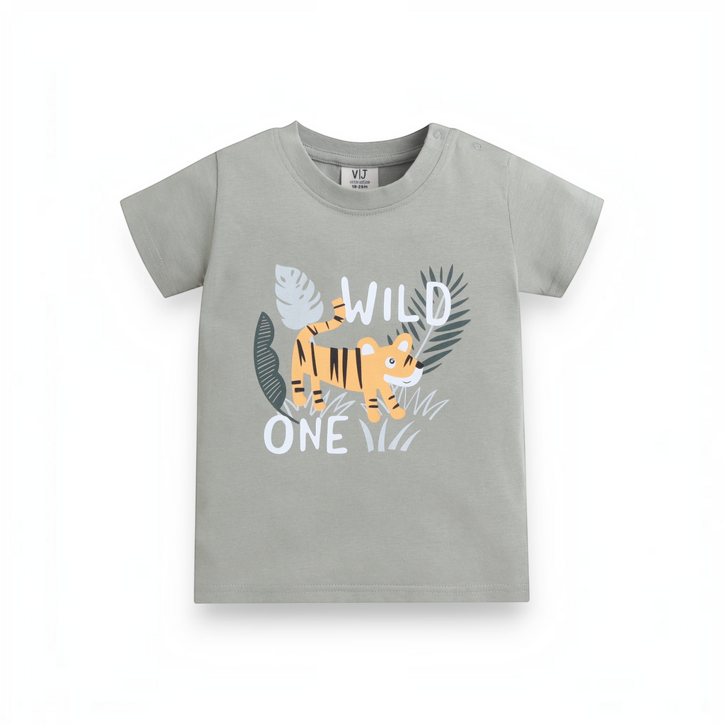 victor and jane baby boys grey cotton t-shirt featuring a cute tiger graphic and Wild One text