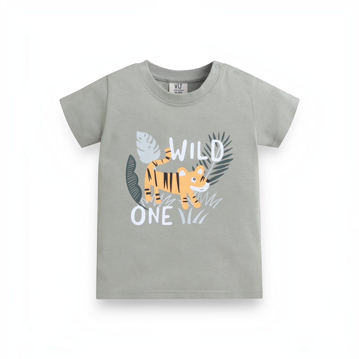 victor and jane baby boys grey cotton t-shirt featuring a cute tiger graphic and Wild One text
